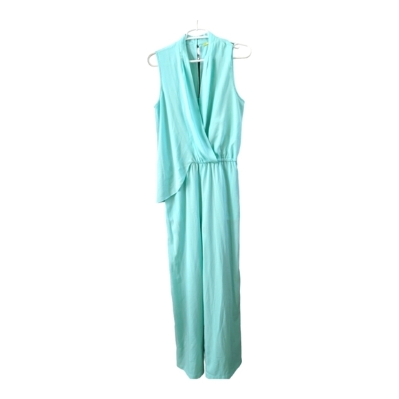 Gianni Bini teal crossover bust and multi overlay flowy jumpsuit, size small GUC - Picture 1 of 6